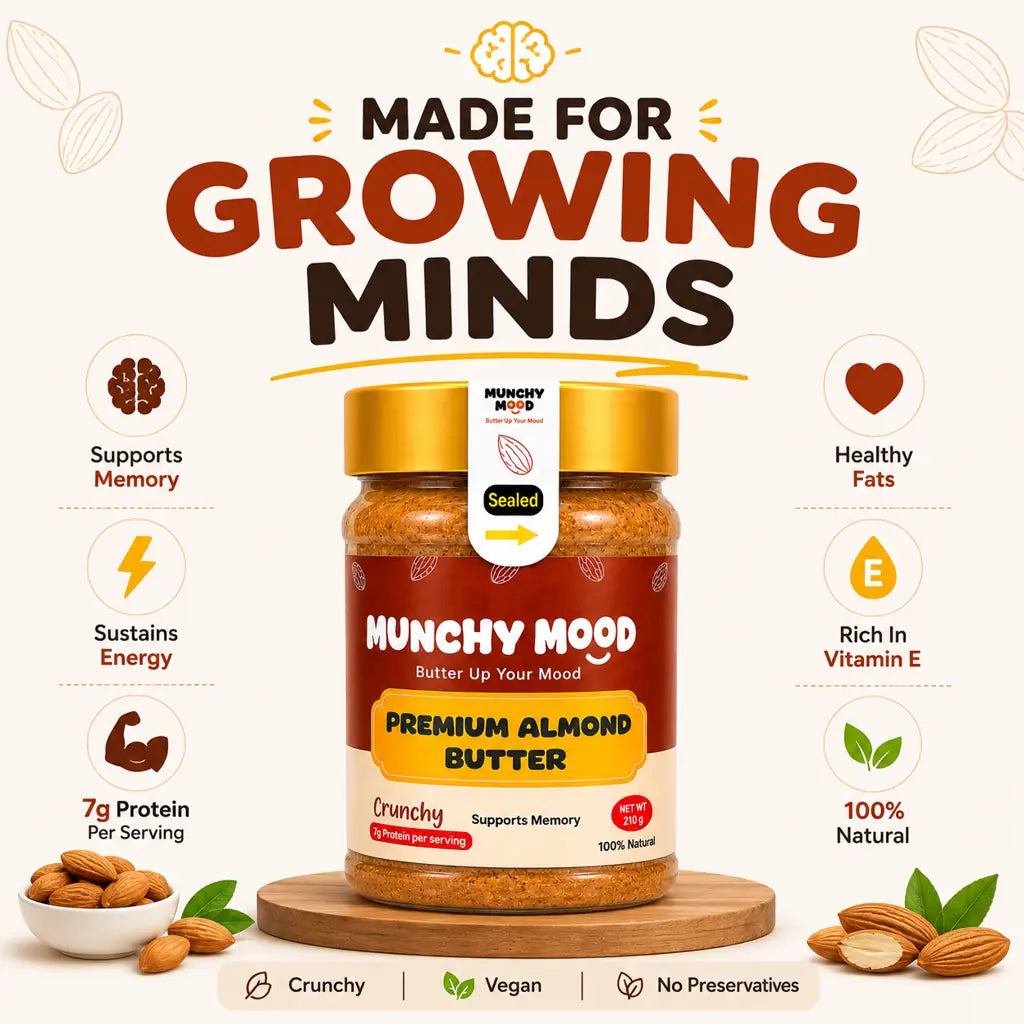 Munchy Mood Premium Almond Butter helps growing minds memory and brain health