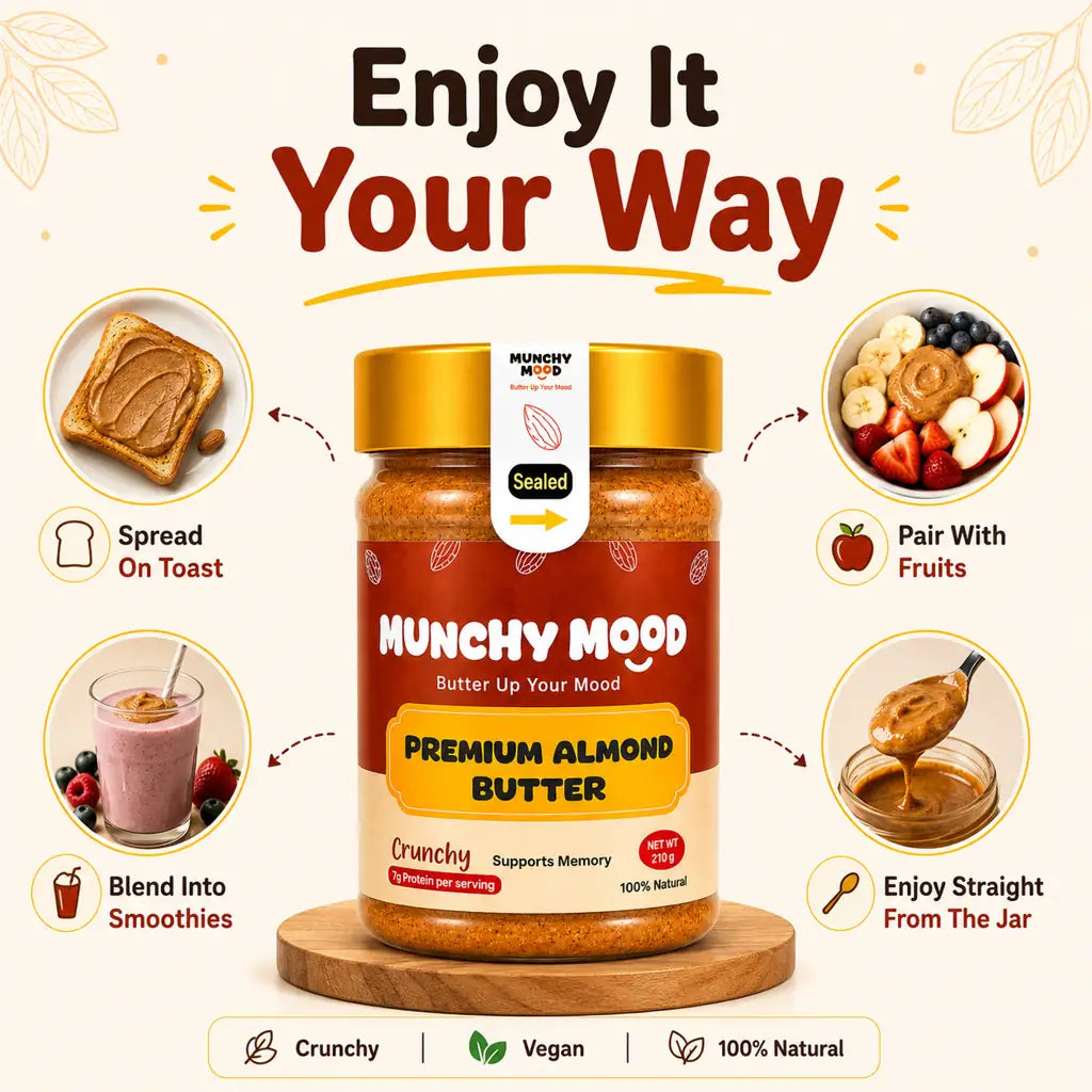 Munchy Mood Premium Almond Butter serving ideas with toast smoothies and fruits