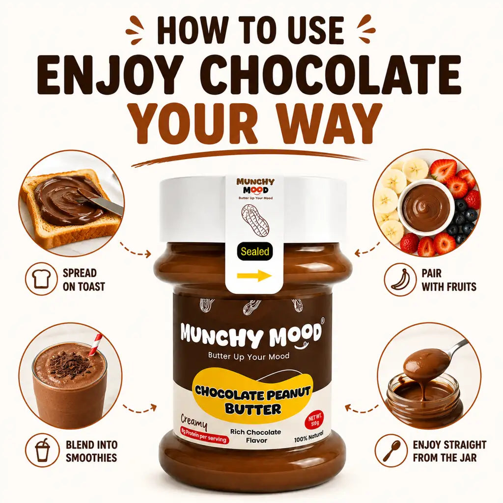 Ways to enjoy Munchy Mood Chocolate Peanut Butter with toast fruits smoothies and spoon