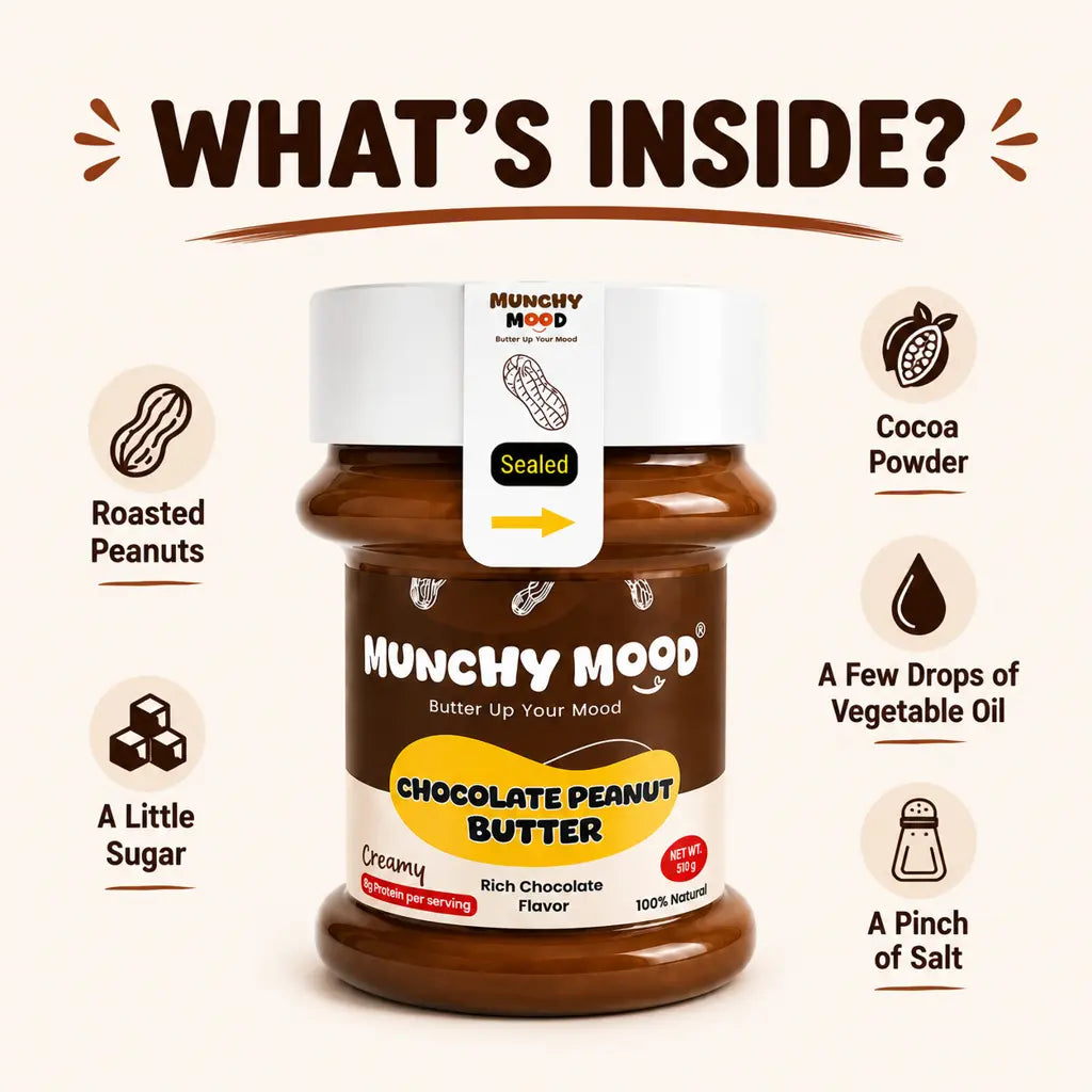 Ingredients inside Munchy Mood Chocolate Peanut Butter including roasted peanuts cocoa powder sugar and salt