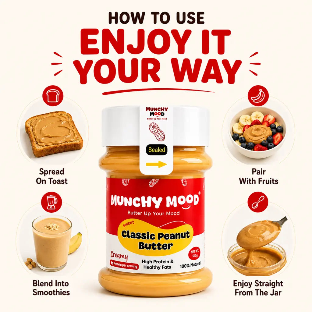 Ways to enjoy Munchy Mood Classic Peanut Butter with toast fruits smoothies and spoon