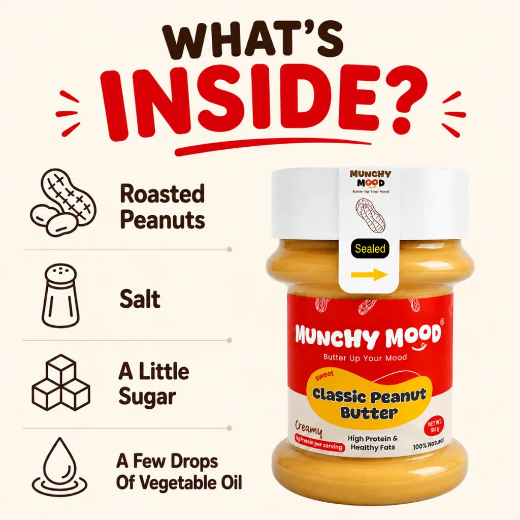 Ingredients inside Munchy Mood Classic Peanut Butter including roasted peanuts salt sugar and vegetable oil