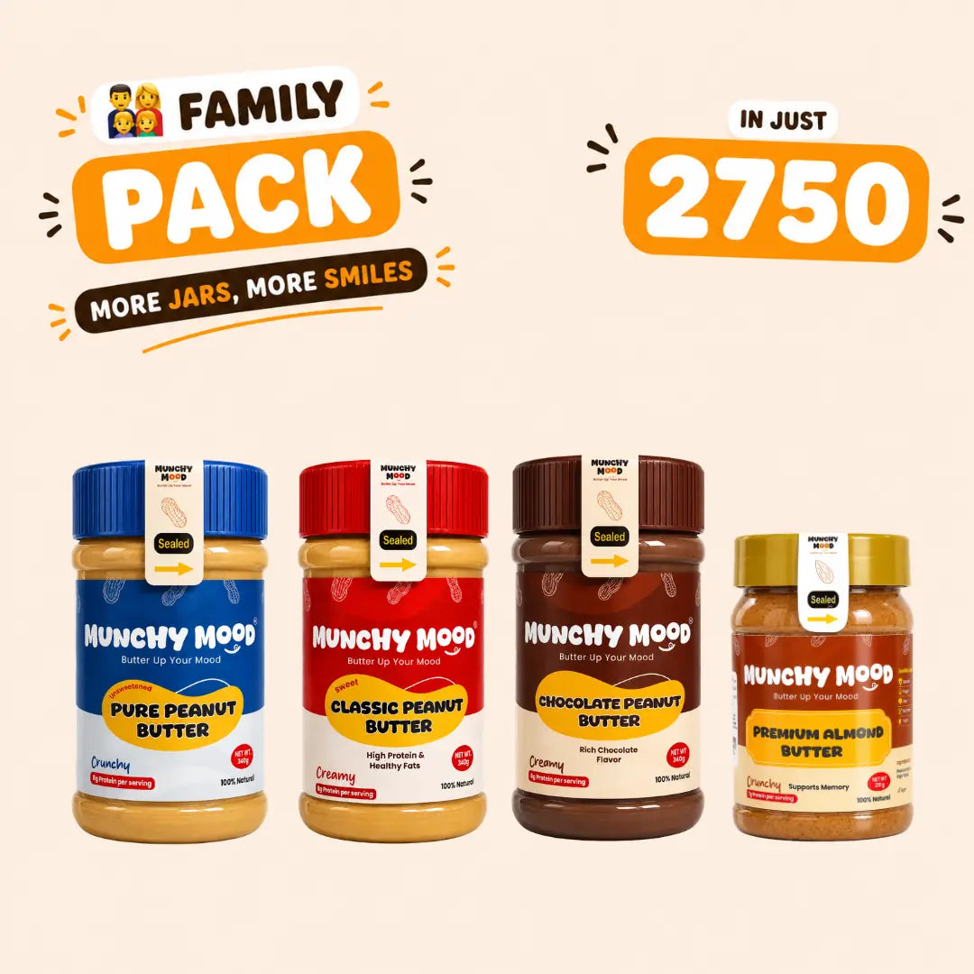 Four jars of Munchy Mood peanut butter for family at discounted price