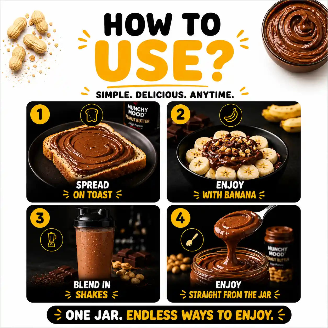 How to use Munchy Mood High Protein Peanut Butter on toast bananas shakes or straight from the jar