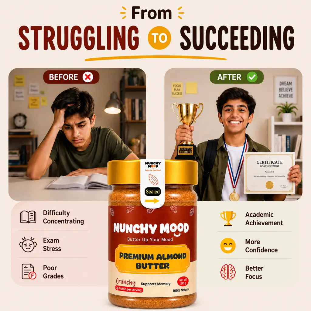 Munchy Mood Premium Almond Butter helps supporting focus confidence and academic performance