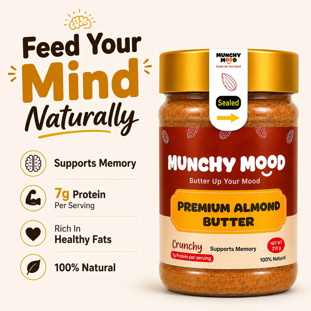 Munchy Mood Premium Almond Butter with 7g protein healthy fats and memory support