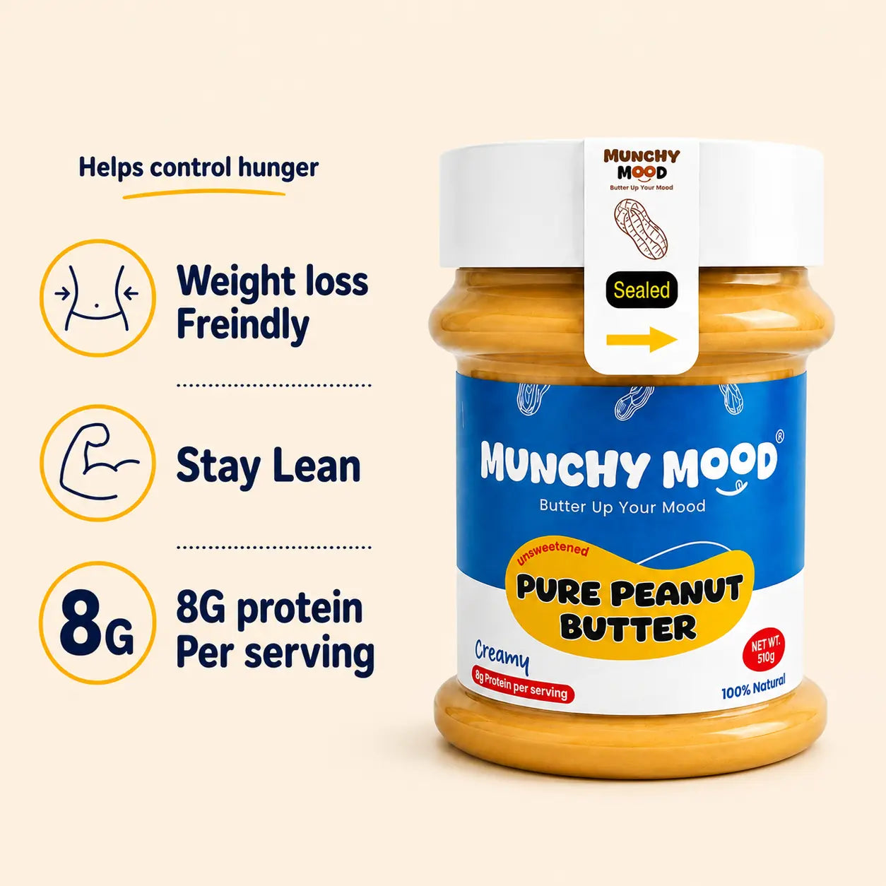 Weight loss friendly peanut butter with 8g protein per serving and hunger control benefits